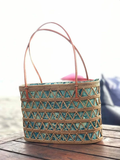 Bali Handmade Natural Rattan Tote Handbag Blue Lining