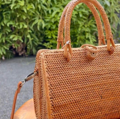 Handwoven Rattan Handbag with Top Handles