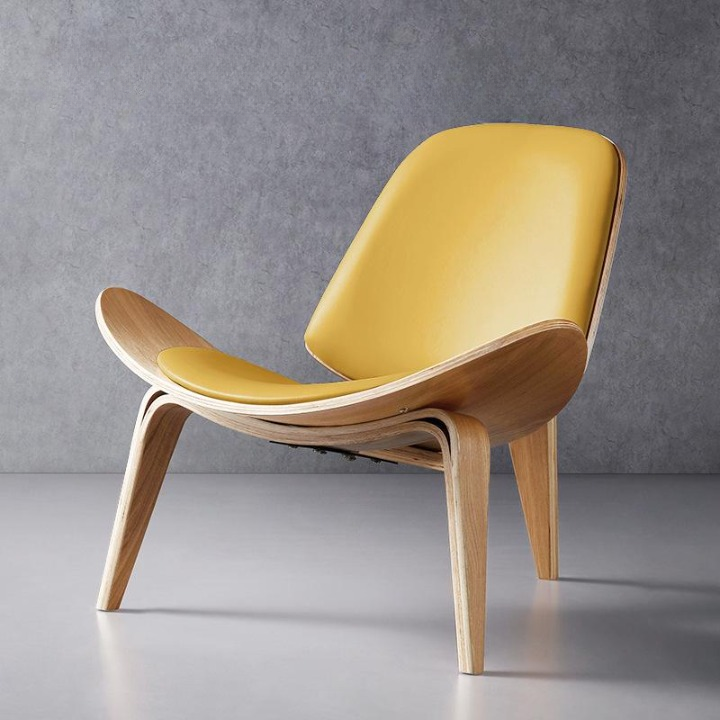 Mid century solid wood leather shell lounge chair Natural wood color + cream yellow leather cushion