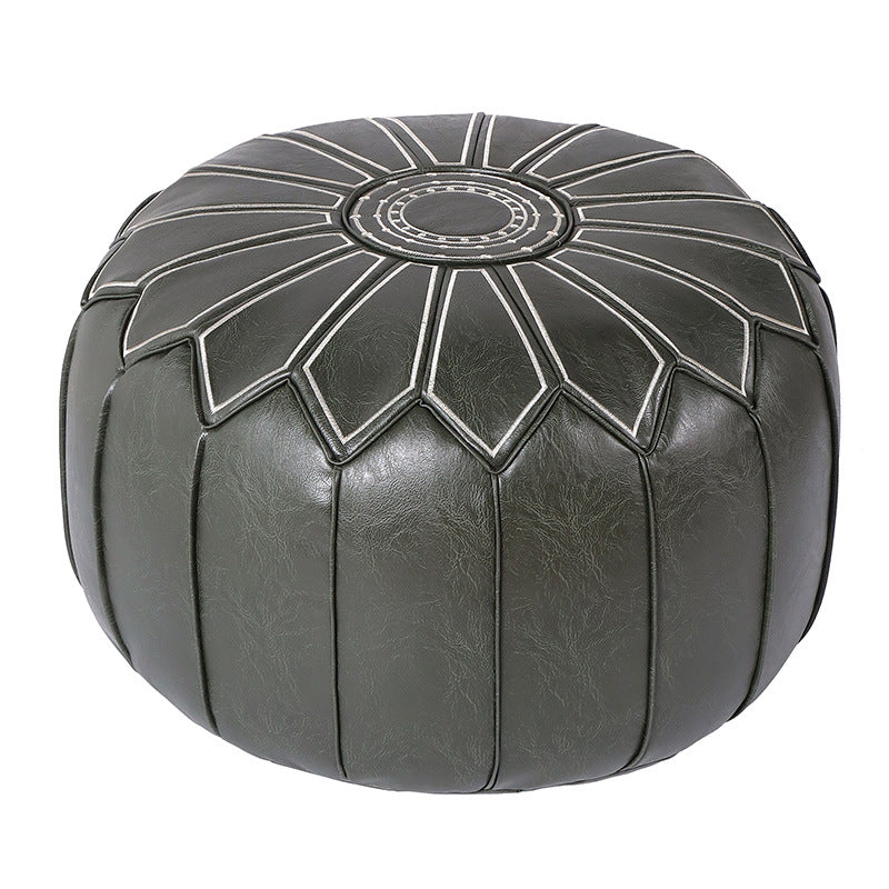 Round Faux Leather Pouf Ottoman Cover with Pumpkin Stitching