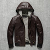 Men Hooded Goatskin Leather Bomber Baseball Jacket