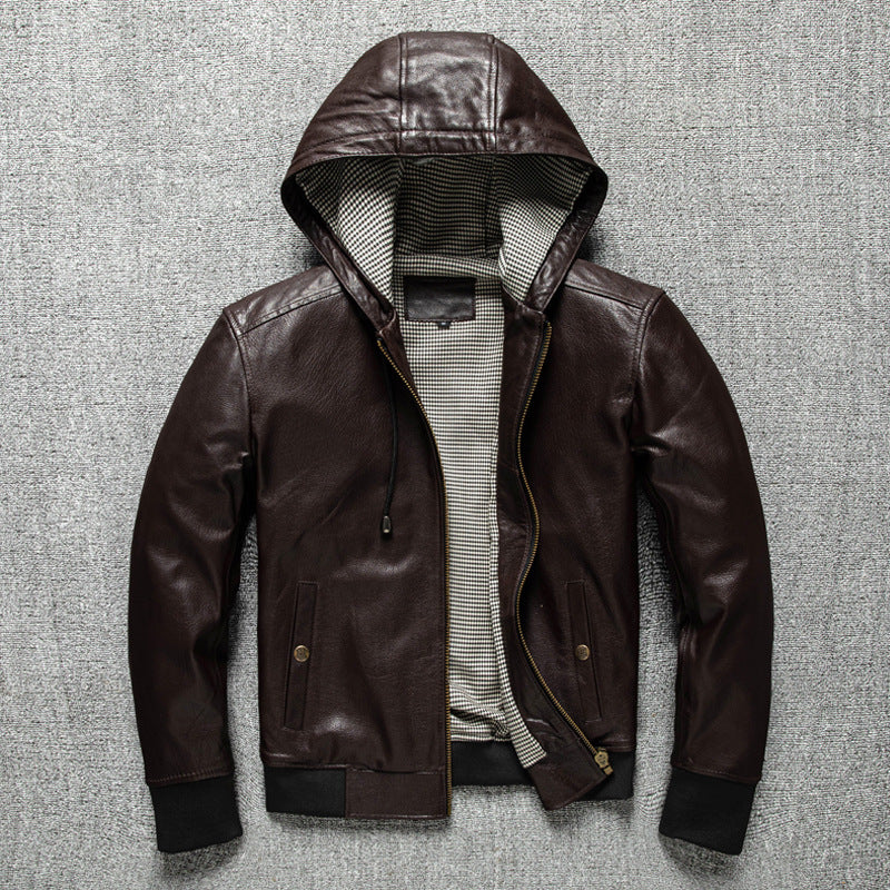 Men Hooded Goatskin Leather Bomber Baseball Jacket