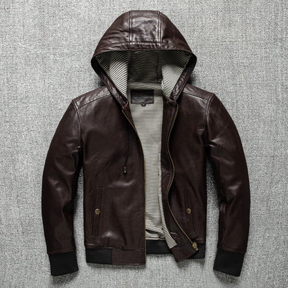 Men Hooded Goatskin Leather Bomber Baseball Jacket