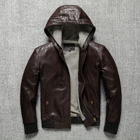 Men Hooded Goatskin Leather Bomber Baseball Jacket