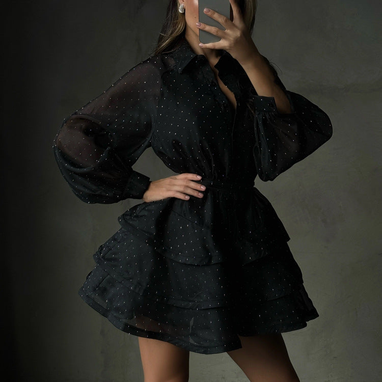 Black sheer sparkle tiered mini dress