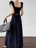 White flutter sleeve linen maxi dress with open back waist fit