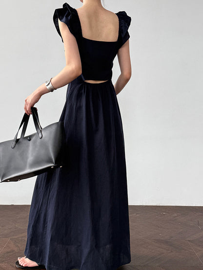 White flutter sleeve linen maxi dress with open back waist fit