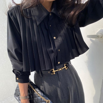 Pleated Design Solid Button Front Shirt