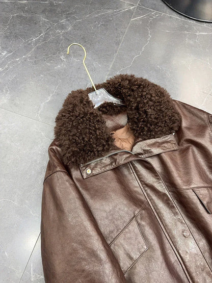 Women waxed leather aviator fur down jacket