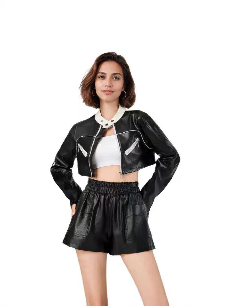 Black Cropped Faux Leather Moto Biker Jacket