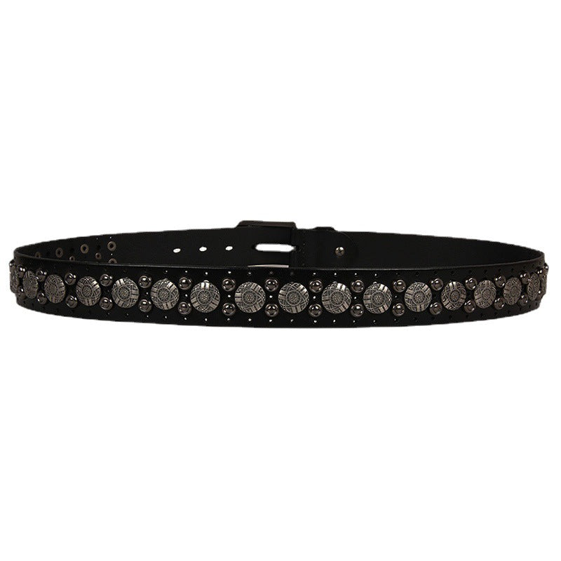 Wide Leather Belt with Silver Studs and Aztec Rivets