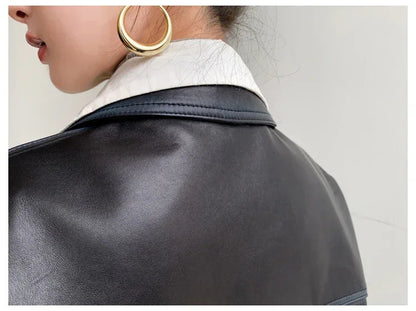 Women Oversized Genuine Leather Jacket Moto Blazer