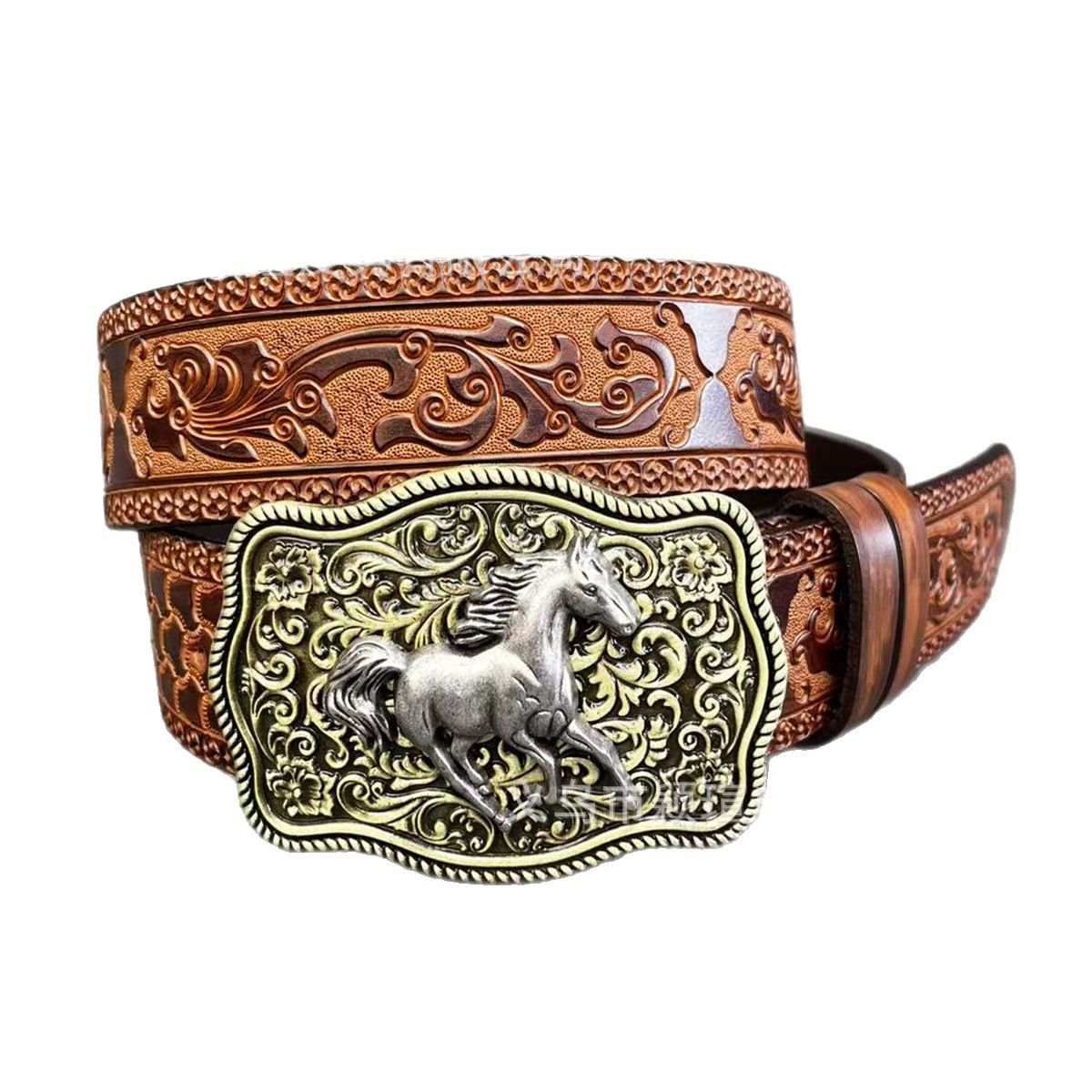 Men’s Western Cowboy Leather Belt with Horse Buckle
