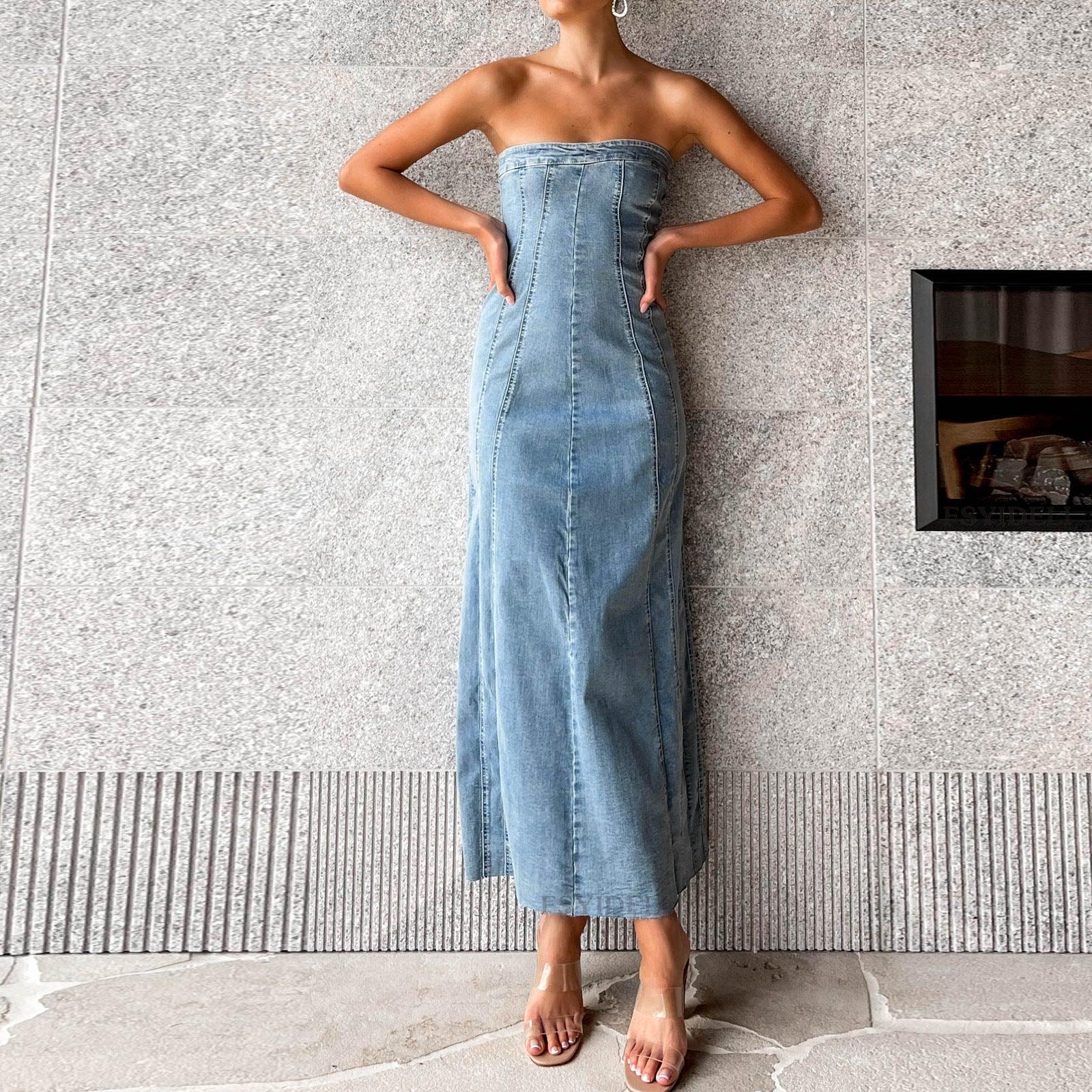 Women’s Strapless Denim Maxi Dress with Side Slit