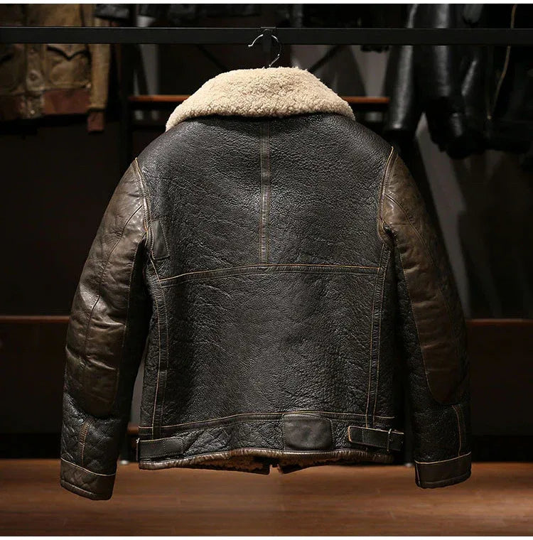 Men Shearling Bomber Leather Jacket With Wool Lining