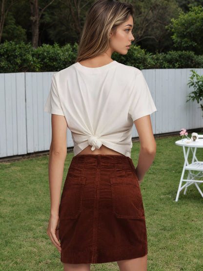 Corduroy Mini Skirt Women Button Front High Waist Brown