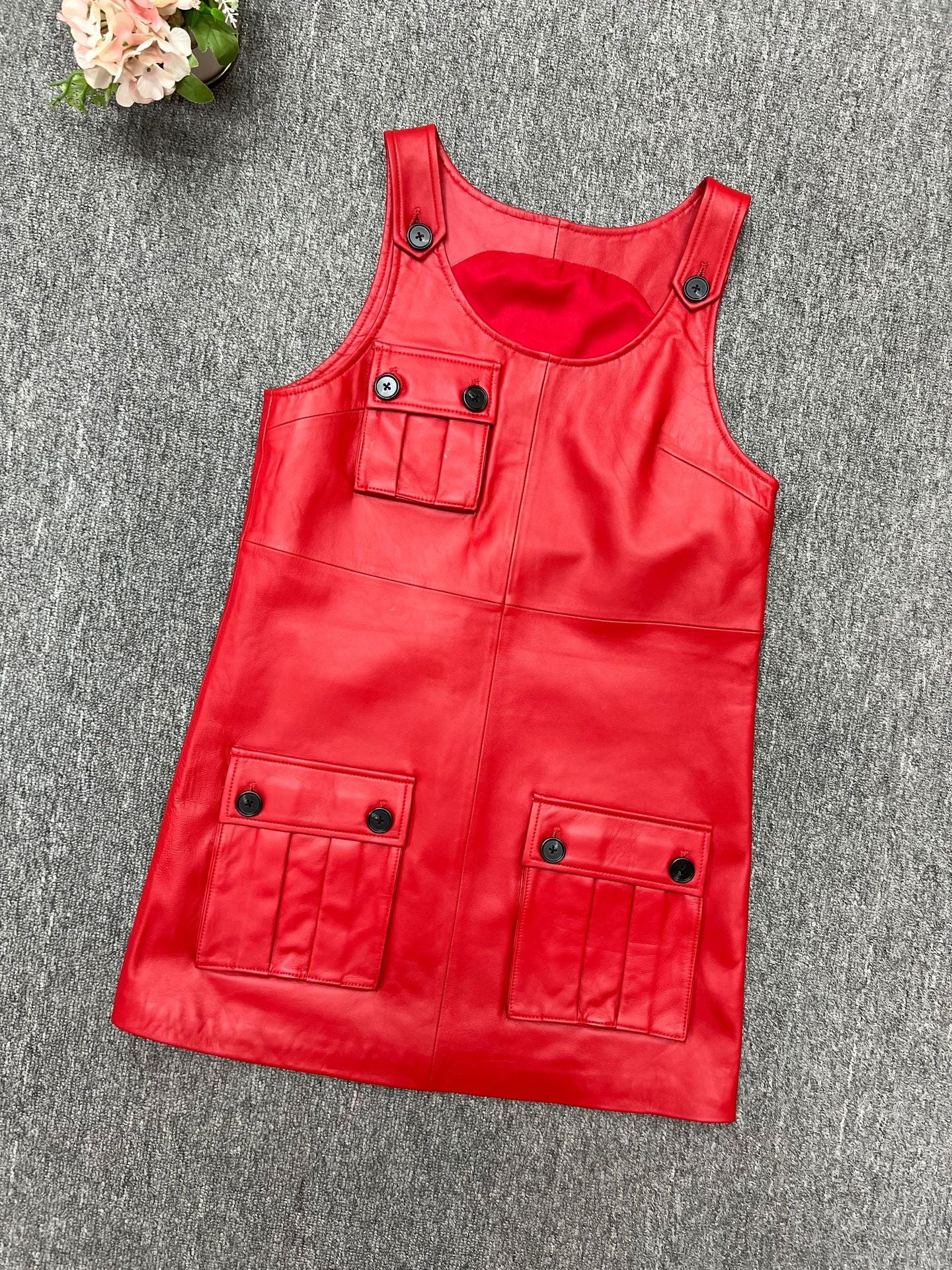 Women Leather Mini Dress A-Line Pocket Dress