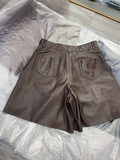 Black Leather Wide-Leg Shorts High Waist Women Shorts