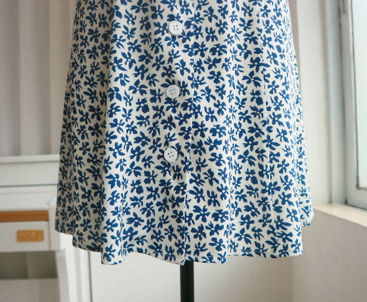 French Retro Blue Floral Button-Front A-Line Mini Dress