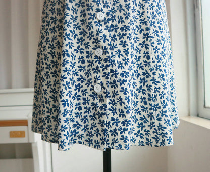 French Retro Blue Floral Button-Front A-Line Mini Dress