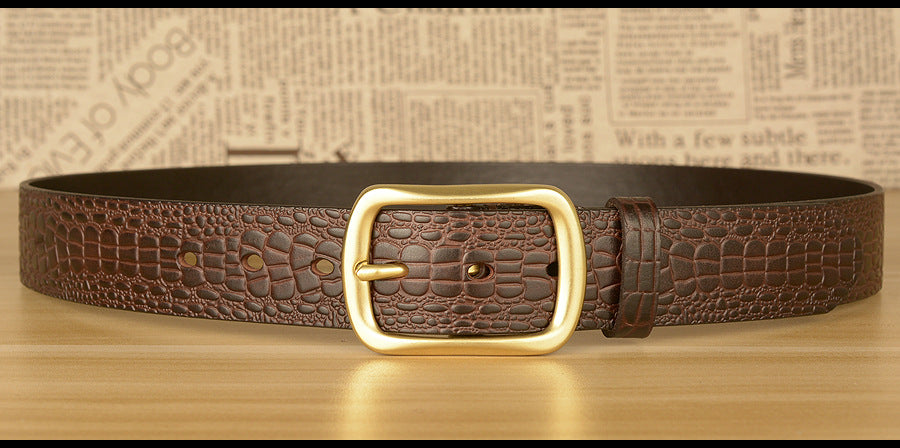 Men Leather Belt with Copper Buckle Crocodile Pattern