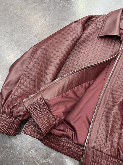Old Money Style Braided Leather Jacket Loose Fit