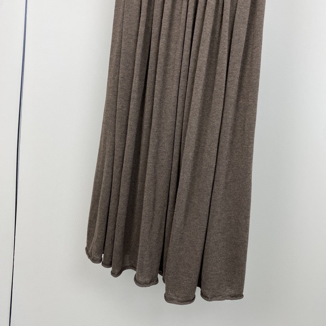 Women Wool Knit Midi Skirt Brown Elastic Waist Pleated Wool Skirt
