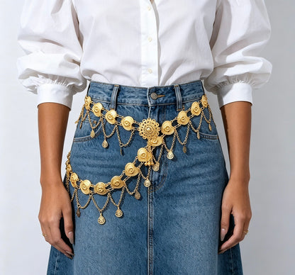 Gold Waist Chain with Ornate Tassels and Layered Medallions