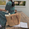 Straw Summer Beach Bag Tote with Leather Handles