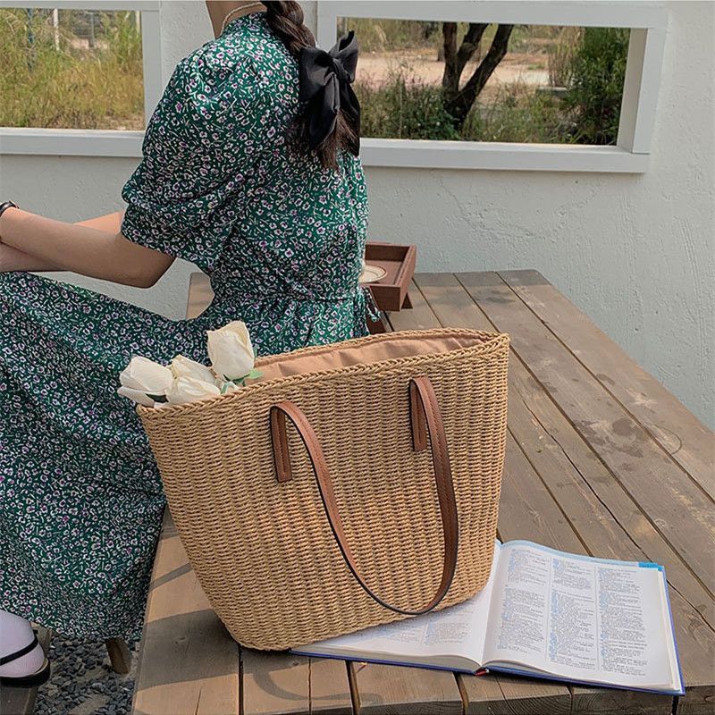 Straw Summer Beach Bag Tote with Leather Handles