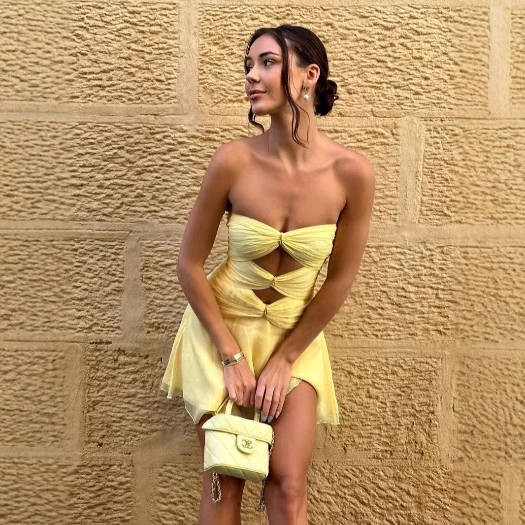 Strapless knot front yellow mini dress