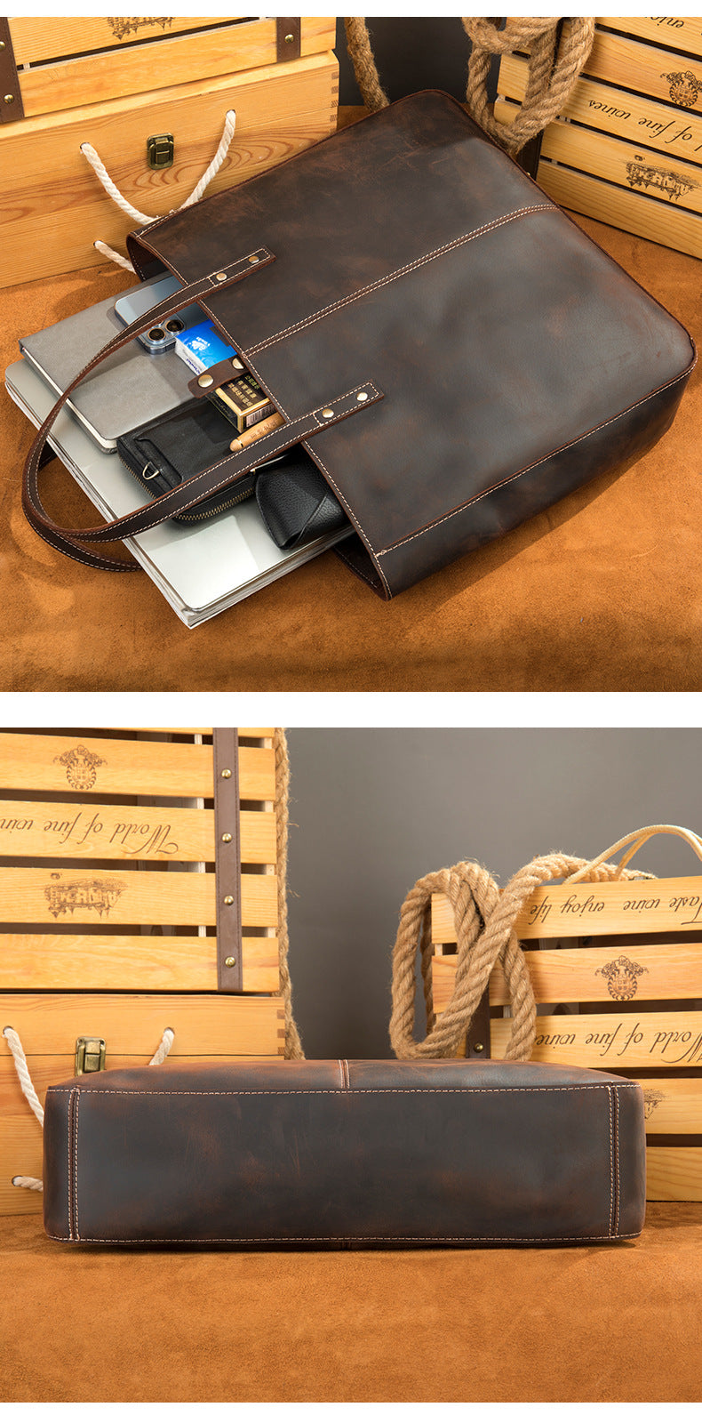 Brown Leather Tote Bag with Zipper for Men and Women