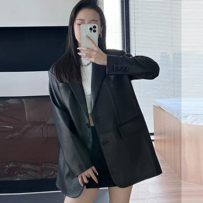 Black women leather blazer jacket coat