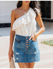 Ripped Washed Denim Mini Skirt with Multi-Button Front