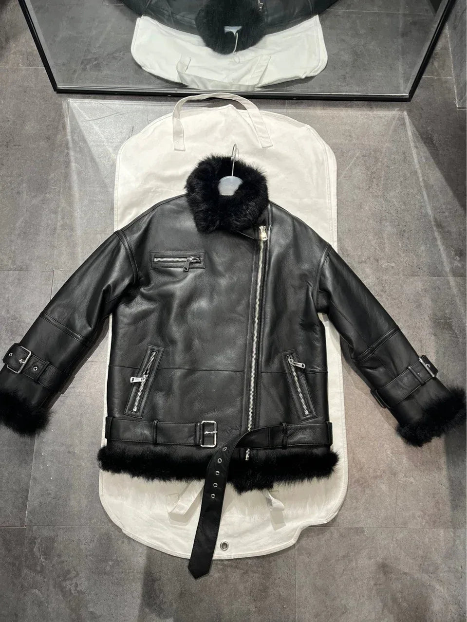 Women Leather Jacket with Real Fur Lining Moto Bomber Style