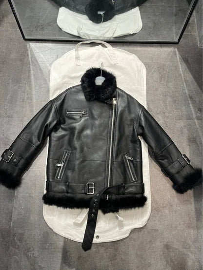 Women Leather Jacket with Real Fur Lining Moto Bomber Style