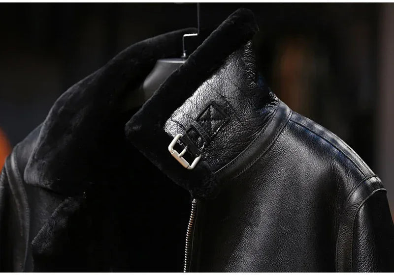 Men Real Sheepskin Shearling Fur Flight Bomber Jacket