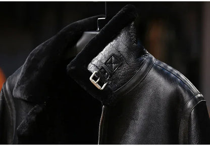 Men Real Sheepskin Shearling Fur Flight Bomber Jacket