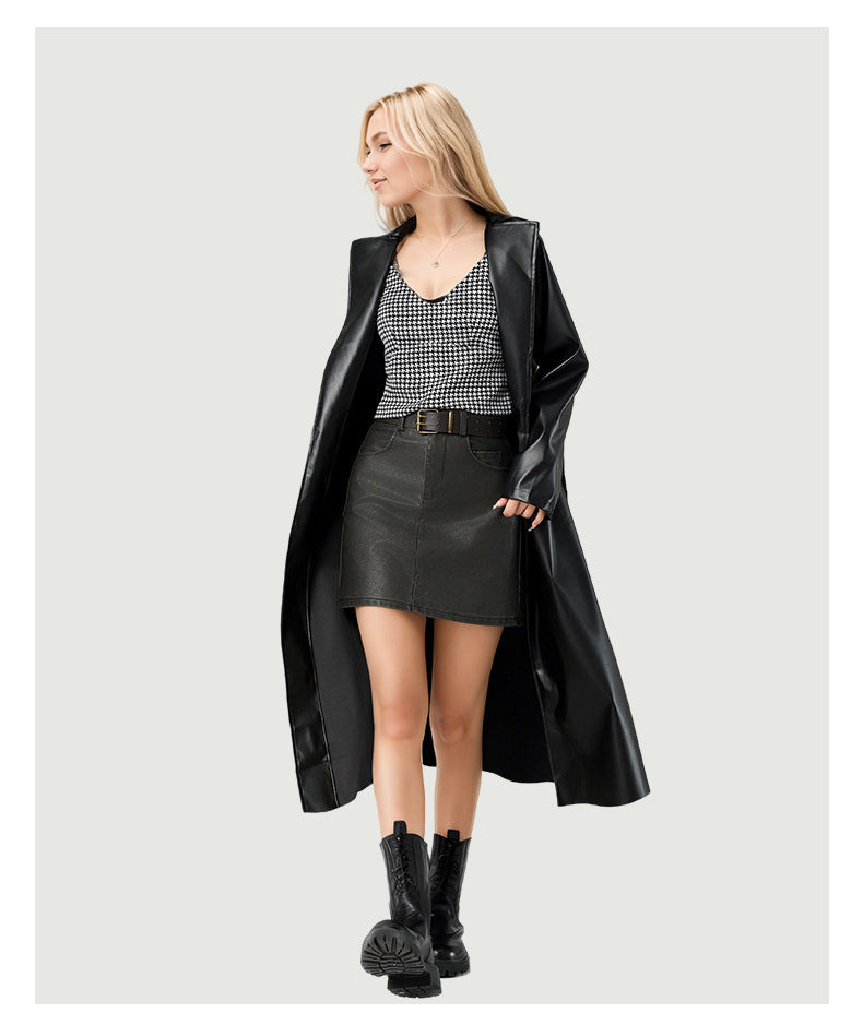 Black Faux Leather Trench Coat with Belted Waist