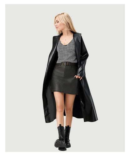 Black Faux Leather Trench Coat with Belted Waist
