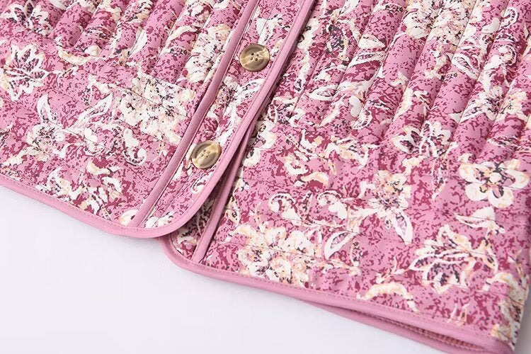 Women Floral Quilted Cotton Jacket Round Neck