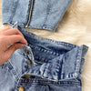 Women’s Denim Two Piece Skirt Set with Zipper Crop Top