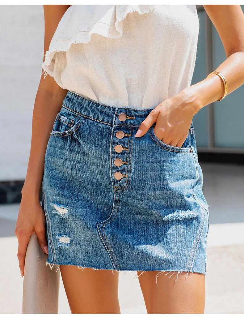 Ripped Washed Denim Mini Skirt with Multi-Button Front