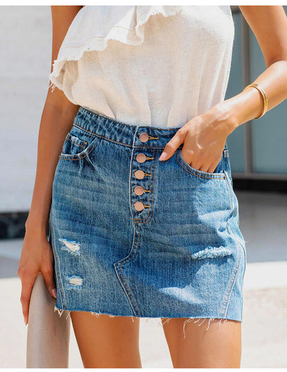 Ripped Washed Denim Mini Skirt with Multi-Button Front