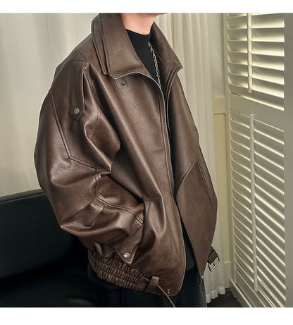 Men’s Oversized Leather Pilot Jacket Black & Brown Biker Style
