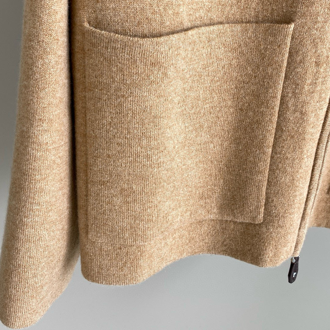 Women Cashmere Wool Hooded Sweater Zip Front Knitted Cardigan