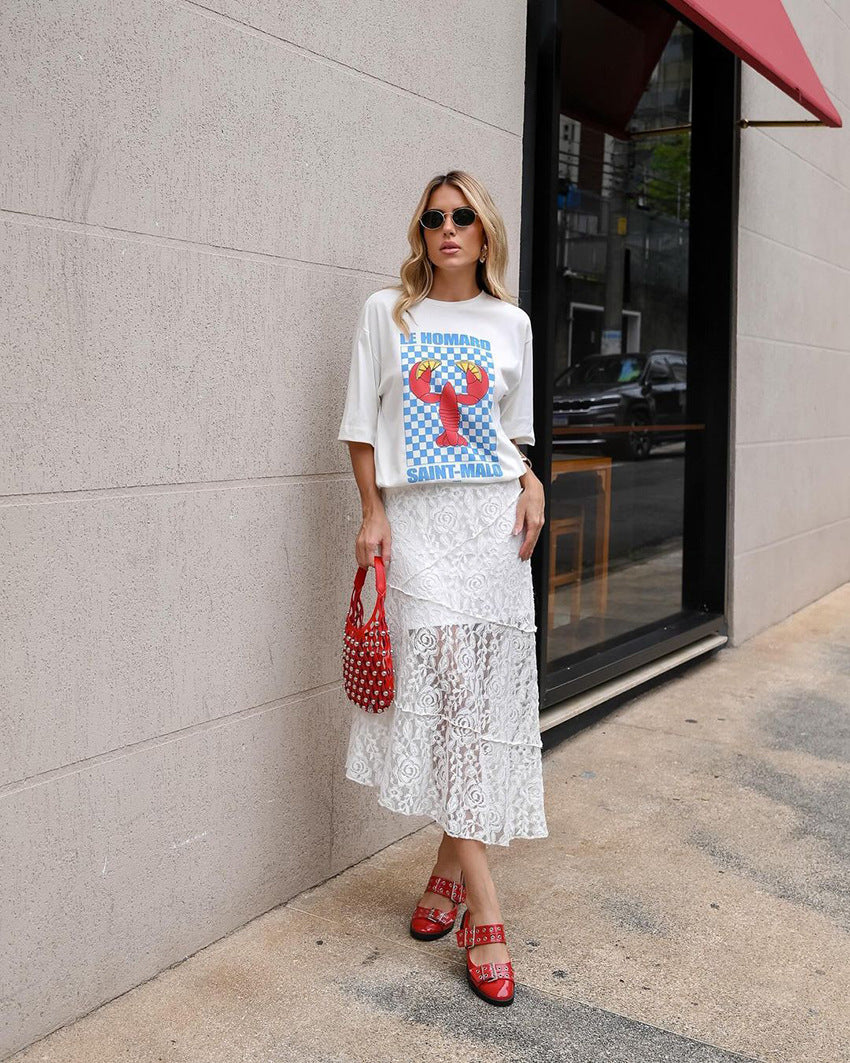 Summer White Lace Irregular High Waist Skirt for Women