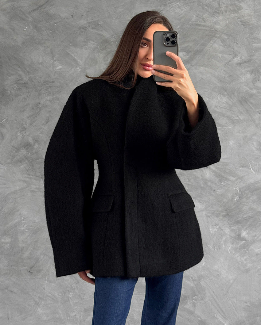 Women Thick Woolen Coat with Semi-High Collar