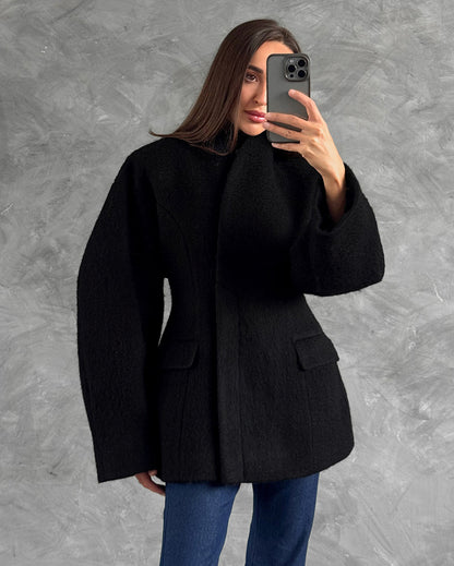 Women Thick Woolen Coat with Semi-High Collar