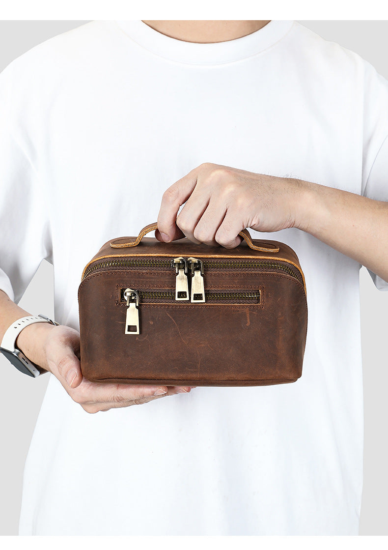 Women Leather Makeup Bag Crazy Horse Leather Toiletry Case